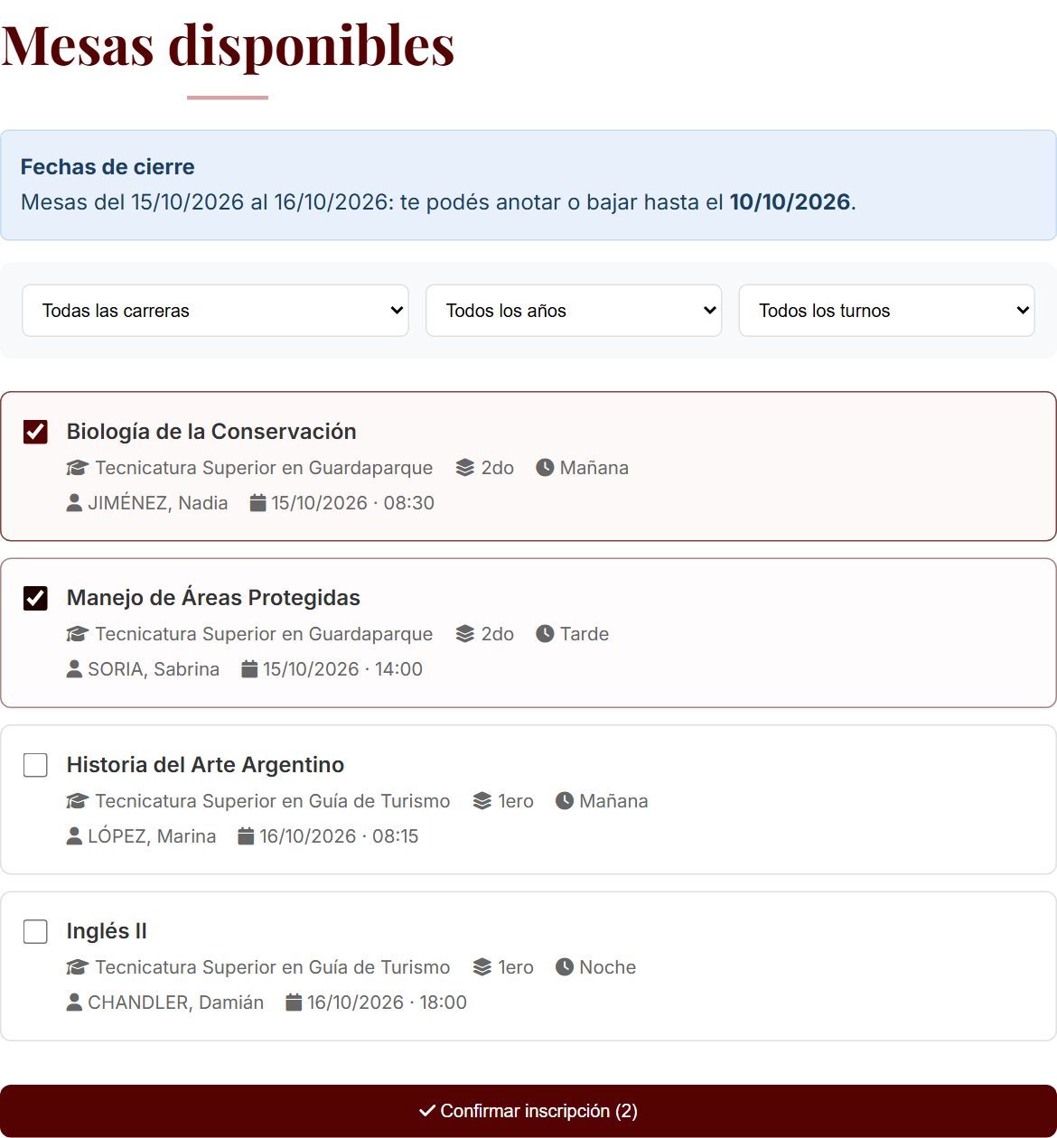 Lista de mesas con dos marcadas y el botón Confirmar inscripción con el número 2.